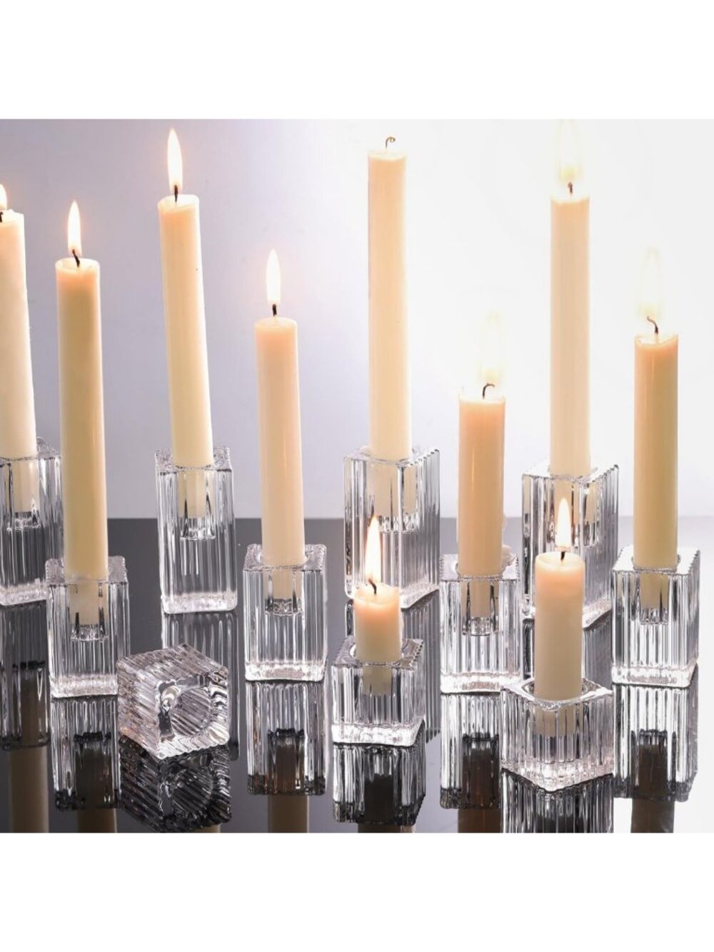 Chic 12pcs Vertical Stripe Glass Taper Candle Holders Set for Elegant Home Decor
